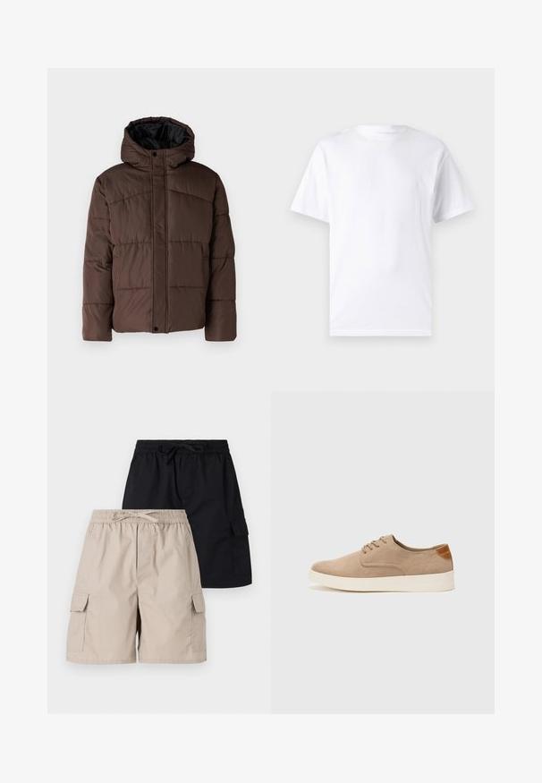 Veste matelassée marron avec capuche, présentant une texture matelassée, une fermeture à pression à l'avant et des poches latérales. Doublée de tissu noir.; T-shirt blanc à manches courtes en coton avec un col rond, présentant une texture lisse et un design simple, sans motifs ni accents.; Deux paires de shorts cargo, l'une beige et l'autre noire, dotés de ceintures élastiques, de liens à cordon et de poches latérales.; Baskets en daim beige avec un embout arrondi, un laçage sur le devant et un accent texturé à l'arrière. La semelle en caoutchouc blanche offre un contraste. Design simple et moderne.