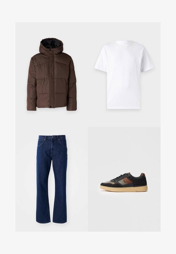 Brun polstret jakke med hette, med flettestruktur, frontlås med trykknapper og sidelommer. Fôret med svart stoff.; Hvit kortermet t-skjorte laget av bomull med rund hals, med en jevn tekstur og et enkelt design uten mønstre eller detaljer.; Mørkeblå denimjeans med rett ben, med knapp- og glidelås-lukking, beltehemper og frontlommer mot en ensfarget bakgrunn.; Svarte og brune lave sneakers med beige såle, snørebånd og sidemerking mot en ensfarget hvit bakgrunn.