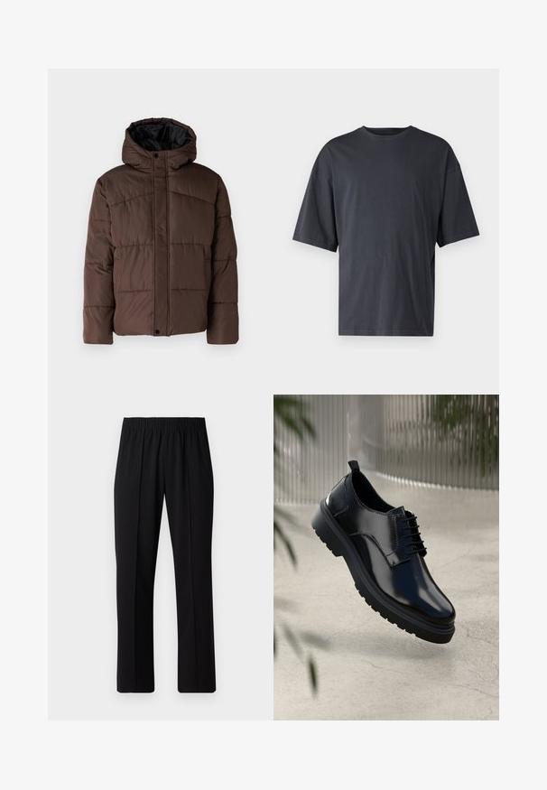 Brun polstret jakke med hette, med flettestruktur, frontlås med trykknapper og sidelommer. Fôret med svart stoff.; Mørk grå kortermet t-skjorte laget av lett bomull, med løs passform og klassisk rund hals, med ensartet tekstur og uten mønstre.; Svart, elastisk midjebukser med rett ben-design, med en glatt tekstur og uten synlige mønstre eller maskinvare.; Svart lærskole med blank overflate, rund tå, snøring, kontrastsøm og tykk gummisåle med mønster på sålen.