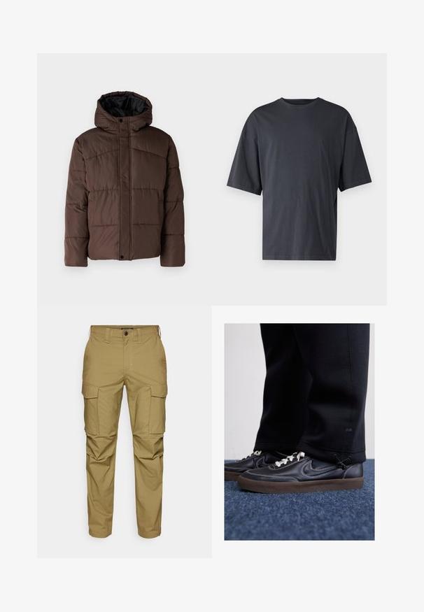 Rudas paminkštas džemperis su gobtuvu, turintis siuvinėtą tekstūrą, priekyje užsegamas mygtukais ir su šoniniais kišenėmis. Iš vidaus pamuštas juoda medžiaga.; Tamsiai pilkas trumpas rankovėmis marškinėliai, pagaminti iš lengvos medvilnės, su laisvu kirpimu ir klasikinės apvalios iškirptės dizainu, be raštų ir su vientisu paviršiumi.; Chaki spalvos krovinių kelnės, pagamintos iš medvilnės mišinio, su keliomis šoninėmis kišenėmis, tiesiu siluetu, šviesiu siuvimu ir mygtuko užsegimu liemens srityje.; Nike Sportswear KILLSHOT 2 LTR PRM OPP2 - Sportbačiai - black sail baroque brown mtlc dk grey