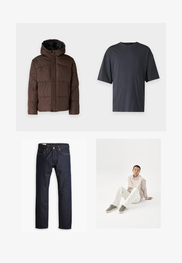 Bruine gewatteerde jas met capuchon, met een doorstikte structuur, voorzijde met drukknoopsluiting en zijzakken. Voering van zwarte stof.; Donkergrijs T-shirt met korte mouwen, gemaakt van lichtgewicht katoen, met een losse pasvorm en een klassieke ronde hals, met een effen textuur en zonder patronen.; Donkerblauwe denim jeans met een rechte pijp, oranje stiksels en stijl met vijf zakken, voorzien van een metalen knoopsluiting.; Beige overhemd met knopen, witte broek en grijze sneakers. Het overhemd heeft een losse pasvorm, en de sneakers hebben een textuurovervlak en vetersluiting.