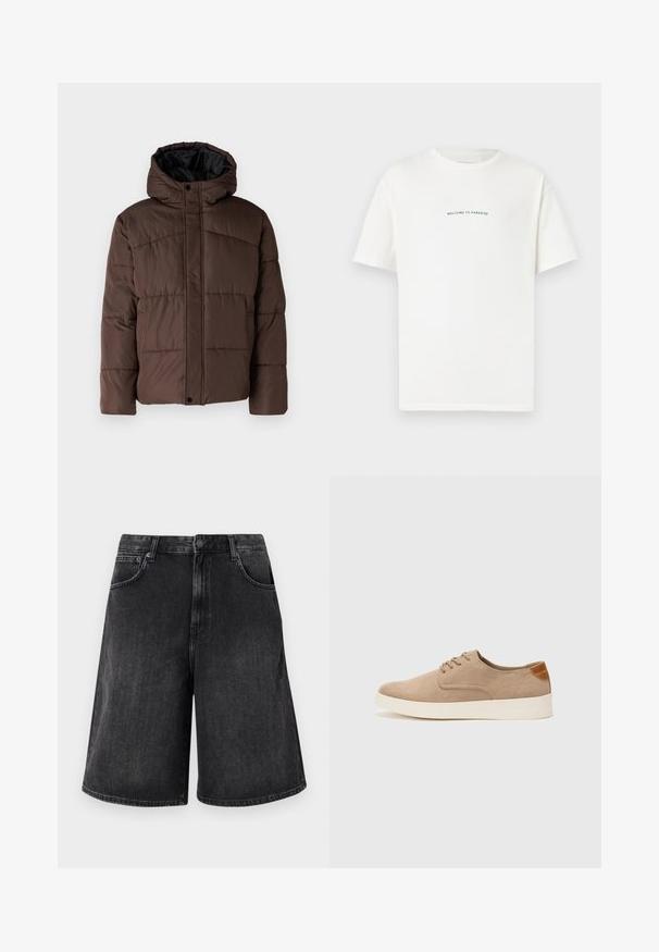 Brūna pūkaina jaka ar kapuci, ar quilted struktūru, priekšējo spiedpogu aizdari un sānu kabatām. Oderēta ar melnu audumu.; Baltā kokvilnas T-kreklā ar īsām piedurknēm un apaļu kakla izgriezumu. Centrāls teksts lasa "LAIPNI LŪDZAM PARADĪZĒ" zaļā, izliekta fontā.; Melna džinsa šorti ar plašu, taisnu piegriezumu, kas aprīkoti ar priekšējo pogu aizdari un piecām kabatām. Mīksta tekstūra ar nobružātu apdari.; Beige zamšādas kedas ar noapaļotu purngala daļu, auklēm saplacinātu priekšpusi un teksturētu aizmugures akcentu. Balta gumijas zole nodrošina kontrastu. Vienkāršs un mūsdienīgs dizains.