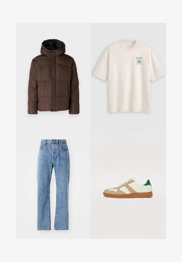 Chaqueta marrón acolchada con capucha, que presenta un textura acolchada, cierre de botones en la parte delantera y bolsillos laterales. Forrada con tela negra.; Camiseta blanca de algodón con mangas cortas, con un logo y texto verde de Lev's en el pecho izquierdo. Corte relajado, textura suave.; Jeans de mezclilla de color azul claro con un diseño de cintura alta y pierna ancha, estilo clásico de cinco bolsillos y sutil desvanecimiento en la tela.; Zapatillas con una parte superior de cuero blanco, superposiciones de ante color beige, acento verde en el talón y una suela de goma con textura color goma. Presenta tres rayas beige.