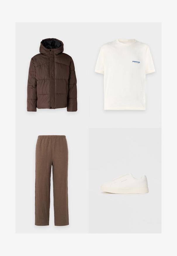 Veste matelassée marron avec capuche, présentant une texture matelassée, une fermeture à pression à l'avant et des poches latérales. Doublée de tissu noir.; T-shirt crème à manches courtes en coton doux, avec un petit logo bleu imprimé sur la poitrine gauche. Design classique à col rond.; Pantalons en lin marron avec une coupe décontractée, dotés d'une taille élastique extensible et de jambes droites, texture lisse et détails minimaux.; Baskets blanches sans lacets avec une surface texturée, une semelle épaisse et un design minimaliste. Présente le logo de la marque sur le côté.