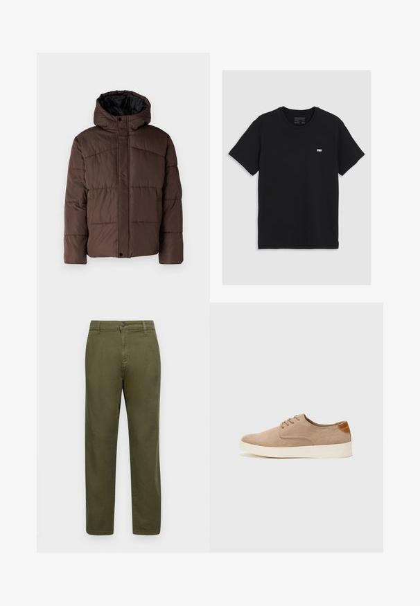 Rjava podložena jakna s kapuco, z nagubanimi teksturami, sprednjim zapiranjem na zaponko in stranskimi žepi. Oblazinjena z črno tkanino.; Črna bombažna majica s kratkimi rokavi, okroglo izrezana, z manjšim belim logotipom Levi's na prsih, gladka tekstura, klasičen kroj.; Olivno zeleni bombažni hlače s ravnim krojem, zapenjanjem na gumb in minimalnimi šivi. Gladka tekstura in brez izrazitih vzorcev.; Bež tkanine usnjene superge z zaobljenim nosom, vezalkami na sprednji strani in teksturiranim zadnjim detajlom. Belo gumijasto podplato zagotavlja kontrast. Enostaven in sodoben dizajn.