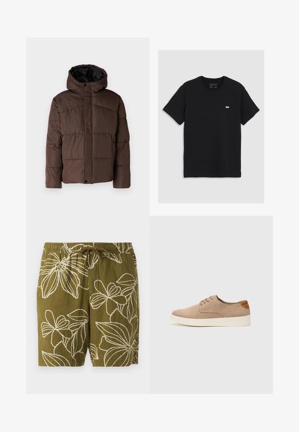 Bruine gewatteerde jas met capuchon, met een doorstikte structuur, voorzijde met drukknoopsluiting en zijzakken. Voering van zwarte stof.; Zwarte katoenen T-shirt met korte mouwen, ronde halslijn, voorzien van een klein wit Levi's-logo op de borst, comfortabele textuur, klassieke pasvorm.; Olijfgroene linnen shorts met witte bloemenborduursels, voorzien van een elastische tailleband en een trekkoord voor een verstelbare pasvorm.; Beige suède sneakers met een ronde neus, vetersluiting aan de voorkant en een getextureerde achteraccent. De witte rubberen zool zorgt voor contrast. Eenvoudig en modern ontwerp.