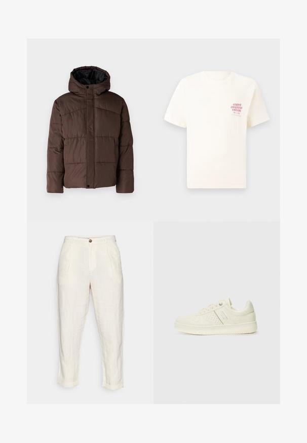Rudas paminkštas džemperis su gobtuvu, turintis siuvinėtą tekstūrą, priekyje užsegamas mygtukais ir su šoniniais kišenėmis. Iš vidaus pamuštas juoda medžiaga.; Balta trumpa rankovėmis marškinėliai su raudonu užrašu "Studio Originals Edition" kairiajame krūtinės šone, rodomi neutralioje pilkoje aplinkoje.; Lino kelnės kreminės spalvos, aukštu liemeniu, su klostėmis, priekyje užsegamos mygtuku ir su manžetėmis. Lygus paviršius.; Kremo spalvos sportbačiai su perforuotomis detalėmis, raišteliais ir logotipu šone, išdėstyti prieš paprastą baltą foną.