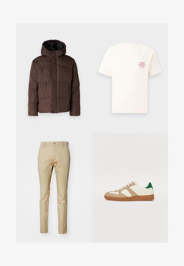 Veste matelassée marron avec capuche, présentant une texture matelassée, une fermeture à pression à l'avant et des poches latérales. Doublée de tissu noir.; T-shirt blanc à manches courtes avec le texte rouge "Édition Originals du Studio" sur la poitrine gauche, présenté sur un fond gris neutre.; DOCKERS ORIGINAL - Pantalon classique - safari; Baskets avec une tige en cuir blanc, des superpositions en daim beige, un accent de talon vert et une semelle en caoutchouc texturée couleur gomme. Présente trois rayures beige.