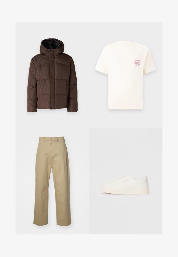 Rjava podložena jakna s kapuco, z nagubanimi teksturami, sprednjim zapiranjem na zaponko in stranskimi žepi. Oblazinjena z črno tkanino.; Bela majica s kratkimi rokavi z rdečim napisom "Studio Originals Edition" na levi strani prsnega koša, prikazana na nevtralnem sivo backgroundu.; Bež bombažne hlače s ravnim krojem, ki imajo sprednji gumb in zadrgo ter dva stranska žepa. Gladka površina.; Bele zapete brez vezalk z teksturirano površino, debelim podplatom in minimalističnim dizajnom. Na strani se nahaja logotip blagovne znamke.