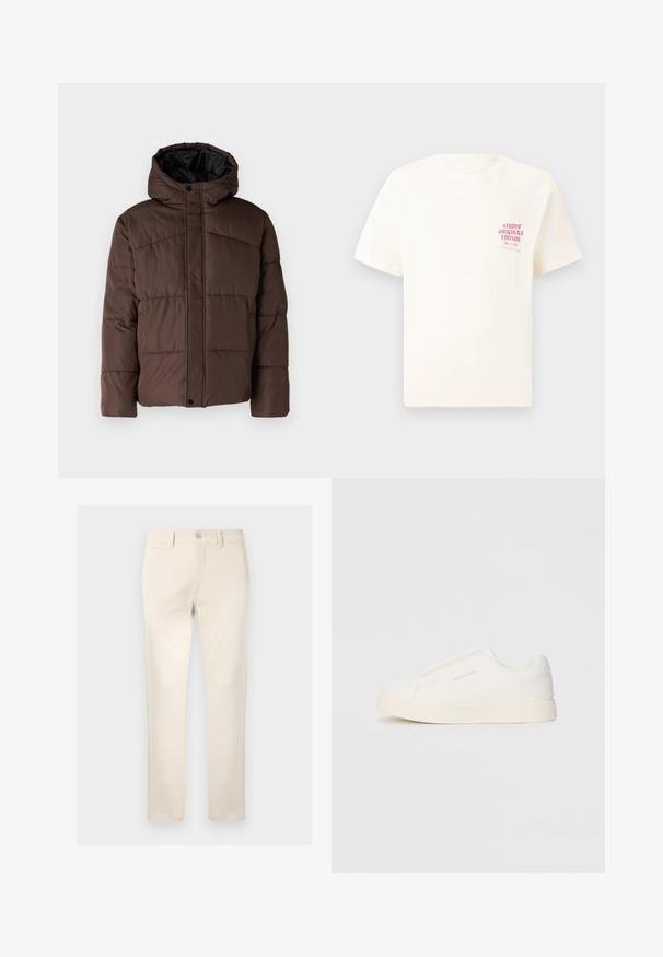 Braune gepolsterte Jacke mit Kapuze, mit gestepptem Muster, vorderem Druckknopfverschluss und seitlichen Taschen. Futter aus schwarzem Stoff.; Weißes T-Shirt mit kurzen Ärmeln und rotem Text "Studio Originals Edition" auf der linken Brust, präsentiert vor einem neutralen grauen Hintergrund.; Beige Baumwollhosen mit geradem Schnitt, ausgestattet mit einer einzelnen Vorder- Tasche, Knopfverschluss und dezenten Nahtdetails.; Weiße Slip-On-Sneaker mit einer strukturierten Oberfläche, dicker Sohle und minimalistischem Design. Mit Logo der Marke an der Seite.
