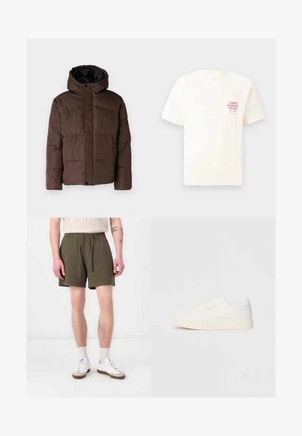 Brown padded jacket with a hood, featuring quilted texture, front snap closure, and side pockets. Lined with black fabric.; White short-sleeve T-shirt with red text "Studio Originals Edition" on left chest, displayed on a neutral gray background.; Olive green shorts with an elastic waistband and drawstring, featuring side pockets and a straight cut, made from a lightweight fabric.; White slip-on sneakers with a textured surface, a thick sole, and minimalistic design. Features brand logo on the side.