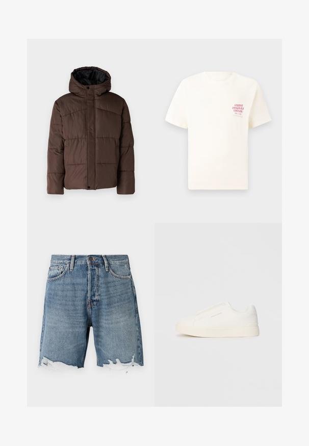 Brūna pūkaina jaka ar kapuci, ar quilted struktūru, priekšējo spiedpogu aizdari un sānu kabatām. Oderēta ar melnu audumu.; Balts īsām piedurknēm T-krekls ar sarkanu tekstu "Studio Originals Edition" uz kreisā krūšu, pakārtots neitrālā pelēkā fonā.; Gaiši zili džinsu šorti ar nolietotām malām, piecu kabatu dizains un redzamā šuvē. Ar pogu aizdari viduklī.; Baltas slip-on sporta apavi ar teksturētu virsmu, biezu zoli un minimālistisku dizainu. Sānos redzams zīmola logotips.