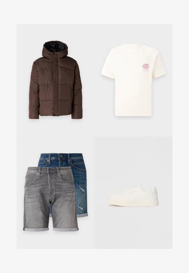Brūna pūkaina jaka ar kapuci, ar quilted struktūru, priekšējo spiedpogu aizdari un sānu kabatām. Oderēta ar melnu audumu.; Balts īsām piedurknēm T-krekls ar sarkanu tekstu "Studio Originals Edition" uz kreisā krūšu, pakārtots neitrālā pelēkā fonā.; Denim šorti tumši zilā un pelēkā krāsā. Īpašības ietver ruļļu apakšējās daļas, kabatas un izbalējušu tekstūru zilajā pāri ar nodilušām detaļām.; Baltas slip-on sporta apavi ar teksturētu virsmu, biezu zoli un minimālistisku dizainu. Sānos redzams zīmola logotips.