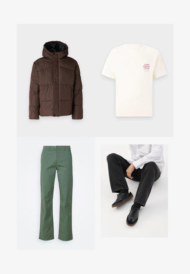 Brun polstret jakke med hætte, der har en quiltet tekstur, frontlukkede tryknapper og sidelommer. Foret med sort stof.; Hvid kortermet T-shirt med rød tekst "Studio Originals Edition" på venstre bryst, vist på en neutral grå baggrund.; Grønne bomuldsbukser med lige ben-design, der har en frontal knaplukning og sidelommer. Glat tekstur og uden mønstre.; Sorte sneakers med en glat og tekstureret overdel, der har en gummisål og mørke snørebånd. Bæret sammen med sorte jeans og en hvid stribet skjorte.