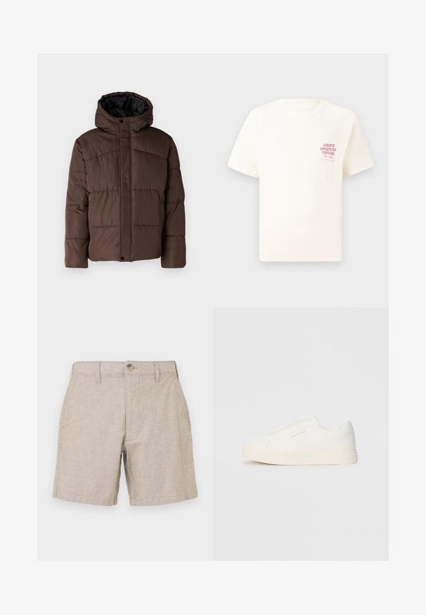 Brown padded jacket with a hood, featuring quilted texture, front snap closure, and side pockets. Lined with black fabric.; White short-sleeve T-shirt with red text "Studio Originals Edition" on left chest, displayed on a neutral gray background.; Beige linen shorts with a flat front, two side pockets, and a single button closure. The fabric has a subtle texture and light weight.; White slip-on sneakers with a textured surface, a thick sole, and minimalistic design. Features brand logo on the side.