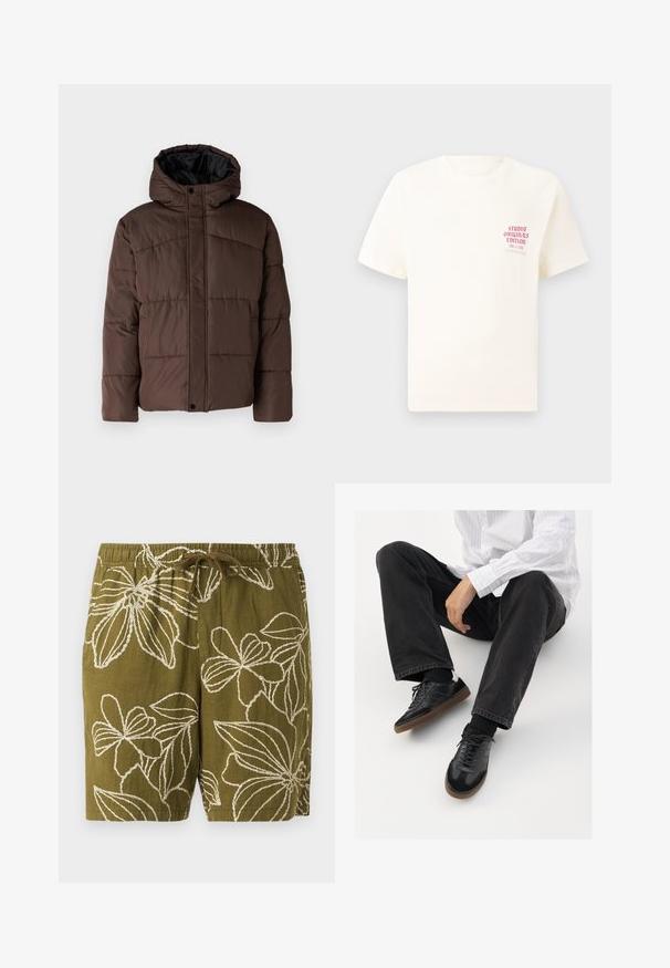 Braune gepolsterte Jacke mit Kapuze, mit gestepptem Muster, vorderem Druckknopfverschluss und seitlichen Taschen. Futter aus schwarzem Stoff.; Weißes T-Shirt mit kurzen Ärmeln und rotem Text "Studio Originals Edition" auf der linken Brust, präsentiert vor einem neutralen grauen Hintergrund.; Olivgrüne Leinen-Shorts mit weißer Blumenstickerei, ausgestattet mit einem elastischen Bund und einem Kordelzug für eine verstellbare Passform.; Schwarze Sneakers mit einer glatten und strukturierten Oberfläche, ausgestattet mit einer Gummisohle und dunklen Schnürsenkeln. Kombiniert mit schwarzen Jeans und einem gestreiften weißen Hemd.
