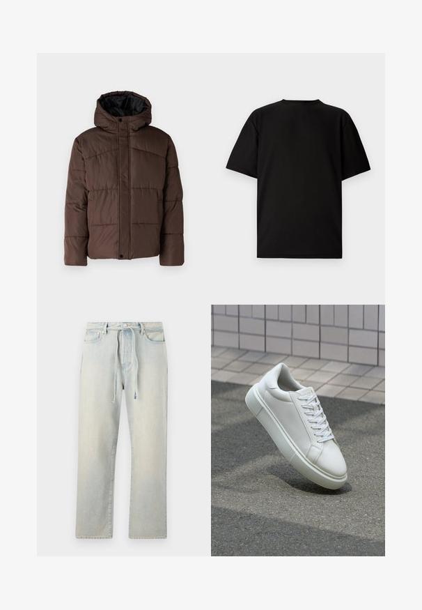 Pruun pehme vooder, millel on kapuuts, koos tikandsurvel tekstuuriga, eesnepp sulgemine ja küljetaskud. Vooder musta kangaga.; Mustus lühikeste varrukatega T-särk ribakanga materjalist. Omab ümmargust kaelust ja lõõgastavat istuvust, millel on sile tekstuur. Ainult tagavaade.; Heledad sinine denim, mis on lõdva lõikega, nööriga vöökoht, peene kulumise tekstuur ja sirged sääred. Omab klassikalisi taskuid ja õmblusi.; Valge nahkline sneka, millel on sile pind, ümar varvas ja lame valge pael. Omab tekstuuriga kummist talla ja minimaalset kujunduselementi.