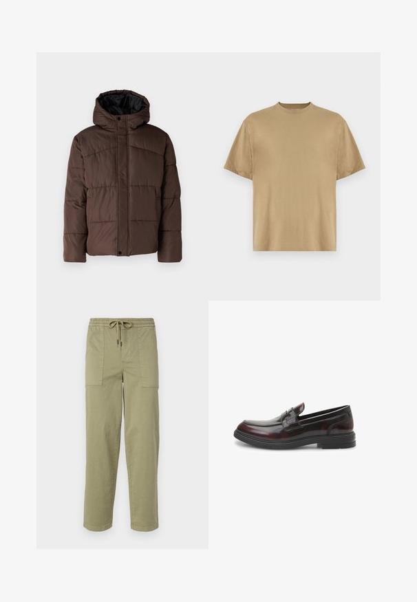 Giacca imbottita marrone con cappuccio, caratterizzata da una texture trapuntata, chiusura frontale con bottoni a pressione e tasche laterali. Foderata in tessuto nero.; T-shirt khaki a maniche corte realizzato in morbido tessuto, con scollatura rotonda e vestibilità rilassata. Non sono visibili pattern o grafiche.; Pantaloni verde oliva chiaro realizzati in tessuto misto cotone, con una vita elasticizzata e cordoncino, e due ampie tasche laterali.; Mocassini in pelle nera e bordeaux con una finitura liscia e lucida. Presentano una punta cucita e una suola in gomma nera bassa. Design classico.