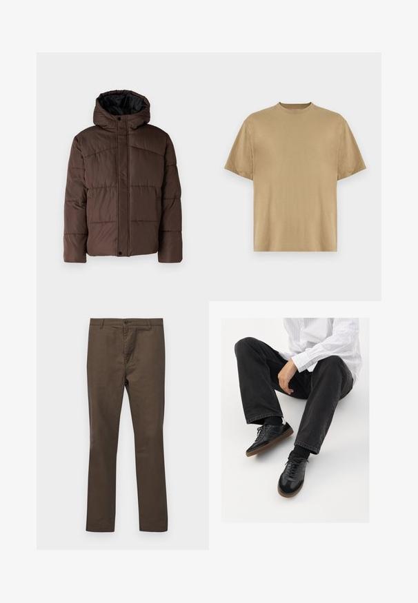 Brown padded jacket with a hood, featuring quilted texture, front snap closure, and side pockets. Lined with black fabric.; Khaki short-sleeve T-shirt made of soft fabric, featuring a round neckline and a relaxed fit. No patterns or graphics are visible.; Brown cotton trousers with a straight-leg design, featuring a button closure and belt loops, smooth texture without patterns or accents.; Black sneakers with a smooth and textured upper, featuring a rubber sole and dark laces. Paired with black jeans and a white striped shirt.