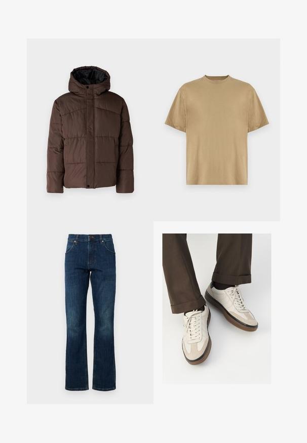 Rudas paminkštas džemperis su gobtuvu, turintis siuvinėtą tekstūrą, priekyje užsegamas mygtukais ir su šoniniais kišenėmis. Iš vidaus pamuštas juoda medžiaga.; Kaki trumpas rankovėmis marškinėliai, pagaminti iš minkštos medžiagos, su apvaliu iškirpimu ir laisvu siluetu. Nėra matomų raštų ar grafikos.; Mėlynos džinsinės platėjančios kelnės pasižymi vidutiniu juosmens aukščiu, penkiomis kišenėmis ir subtiliu išblukusiu raštu ant kojų. Uždarymas su metaliniu mygtuku.; Bežiniai sportbačiai su tekstūruotu zomšinės priekine dalimi, lygiomis odinėmis šoninėmis dalimis ir ruda guminėmis padais. Į komplektą įeina juostelės ir šviesūs siuvimo detalės.