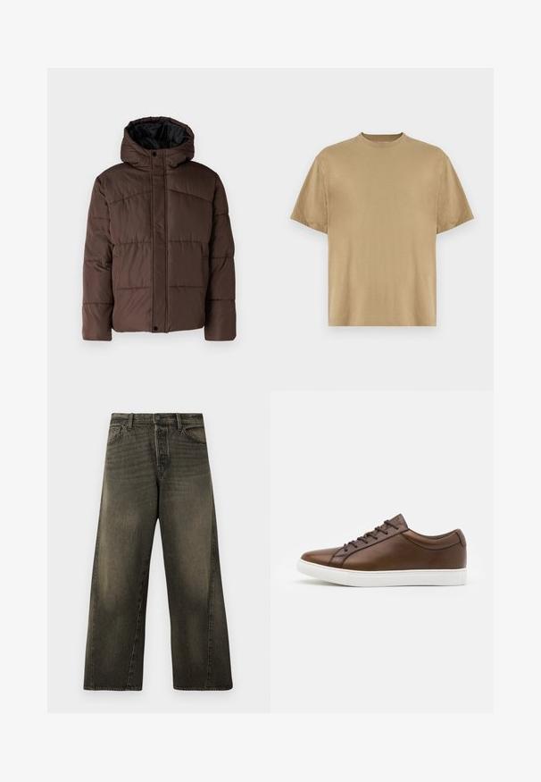 Pruun pehme vooder, millel on kapuuts, koos tikandsurvel tekstuuriga, eesnepp sulgemine ja küljetaskud. Vooder musta kangaga.; Khaki lühikeste varrukatega T-särk, mis on valmistatud pehmest kangast, ümara kaelusega ja mugava lõikega. Mustreid ega graafikat pole.; Kõrgema vöökohaga, laia säärega mustad kulunud teksad ees nupu ja lukuga kinnitamisega ning tavaliste esipocketidega.; Pruunid nahast tenniseketid ümarate varvastega, valge kummist tallaga ja viie nööbiga. Taga on peent brändi ilmestus.