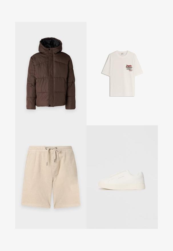 Giacca imbottita marrone con cappuccio, caratterizzata da una texture trapuntata, chiusura frontale con bottoni a pressione e tasche laterali. Foderata in tessuto nero.; T-shirt in cotone bianco a maniche corte, con scollatura rotonda. Presenta una grafica stampata in rosso e nero nella zona sinistra del petto.; Pantaloni corti in corduroy beige con vita elasticizzata, chiusura con lacci e tasche laterali; presenta una texture a righe verticali.; Sneakers bianchi slip-on con superficie texturizzata, suola spessa e design minimalista. Presentano il logo del marchio sul lato.