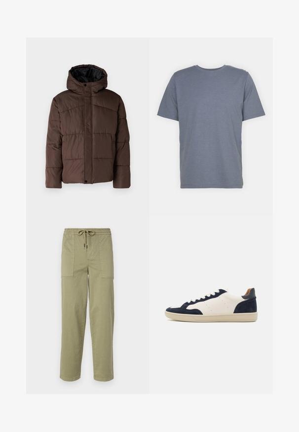 Pruun pehme vooder, millel on kapuuts, koos tikandsurvel tekstuuriga, eesnepp sulgemine ja küljetaskud. Vooder musta kangaga.; Hall hallitusest lühikeste varrukatega T-särk ümmarguse kaelusega, valmistatud pehmest puuvillasegusest kangast. Lihtne disain, ilma mustrite või aktsentideta.; Kerged oliivrohelised püksid, mis on valmistatud puuvilla segakangast, elastse vöökoha ja nööriga, ning kahel suurel küljeosal.; Nahk- ja sametist spordijalatsid tumesinisena ja kreemina, kummist tallaga, ümmarguse varbaga ja valgete paeltega. Külgedel on perforatsioonid.