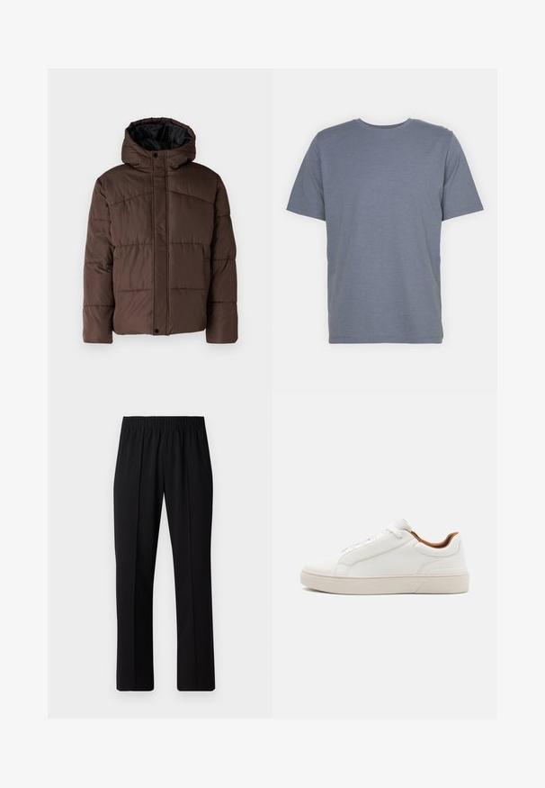 Brown padded jacket with a hood, featuring quilted texture, front snap closure, and side pockets. Lined with black fabric.; Gray short-sleeve T-shirt with a round neck, made of soft cotton blend fabric. Simple design, no patterns or accents.; Black, elastic-waist trousers with a straight-leg design, featuring a smooth texture and no visible patterns or hardware.; ALDO LUTON - Trainers - white