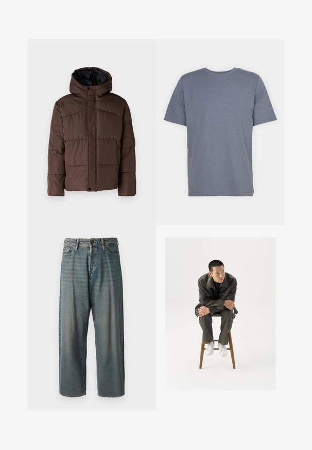 Pruun pehme vooder, millel on kapuuts, koos tikandsurvel tekstuuriga, eesnepp sulgemine ja küljetaskud. Vooder musta kangaga.; Hall hallitusest lühikeste varrukatega T-särk ümmarguse kaelusega, valmistatud pehmest puuvillasegusest kangast. Lihtne disain, ilma mustrite või aktsentideta.; Heledad sinine denim-stiilis teksad, volüümse lõike, keskmise kõrgusega talje ja sirgete säärega. Omab viit taskut, vöökumme ja nööpide sulgemist.; Pruun nahkjope laia kraega, sobitatud tumeroheliste teksade ja valgete tennistega. Mudel istub puidust taburetil.