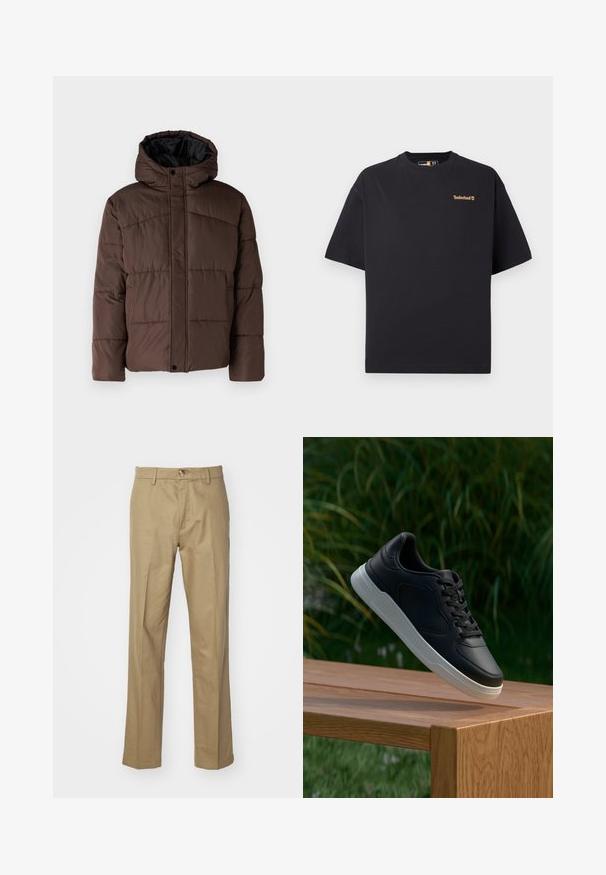 Brun polstret jakke med hette, med flettestruktur, frontlås med trykknapper og sidelommer. Fôret med svart stoff.; Svart t-skjorte med kort erme og rund hals fra Timberland, med en liten beige logo på øvre venstre bryst, vist på hvit bakgrunn.; Beige bukser laget av glatt stoff. Rett ben design med knapp-lukking. Har beltehemper og en klassisk passform for allsidig bruk.; Svart sneaker med hvit såle svevende over en trebenk, grønne blader i den utblurte bakgrunnen.