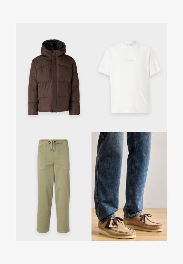 Brun polstret jakke med hette, med flettestruktur, frontlås med trykknapper og sidelommer. Fôret med svart stoff.; Hvit bomulls t-skjorte med rund hals, korte ermer, og en liten trykket logo på forsiden. Glatt tekstur og avslappet passform.; Lys olivengrønne bukser laget av bomullsblandingsstoff, med elastisk midje og snor, samt to store sidelommer.; Suedes mokasiner i tan med mørkebrune detaljer, rund tå og myk hvit såle. Har snøring og sømdetaljer.
