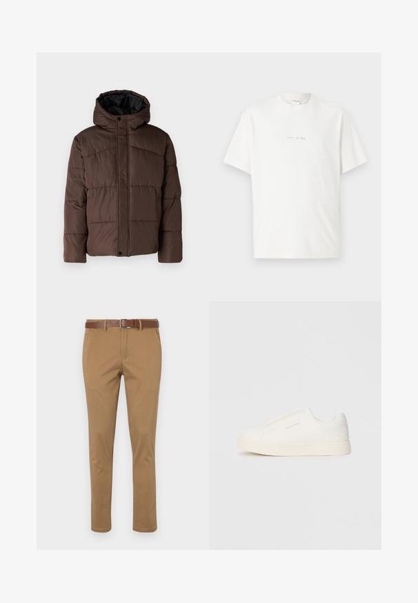 Rjava podložena jakna s kapuco, z nagubanimi teksturami, sprednjim zapiranjem na zaponko in stranskimi žepi. Oblazinjena z črno tkanino.; Bela bombažna majica s krojem, kratkimi rokavi in malim potiskanim logotipom spredaj. Gladka tekstura in sproščen kroj.; Bež chinos hlače z teksturirano obdelavo, s poševnimi stranskimi žepi, zapiranjem na gumb in zadrgo ter rjavim usnjenim pasom.; Bele zapete brez vezalk z teksturirano površino, debelim podplatom in minimalističnim dizajnom. Na strani se nahaja logotip blagovne znamke.