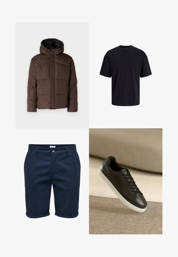 Rudas paminkštas džemperis su gobtuvu, turintis siuvinėtą tekstūrą, priekyje užsegamas mygtukais ir su šoniniais kišenėmis. Iš vidaus pamuštas juoda medžiaga.; Juodas medvilninis marškinėlis su apvaliu iškirpimu, trumpomis rankovėmis ir laisvu siluetu. Glotni tekstūra, be matomų raštų ar akcentų.; Tamsiai mėlynos šortai, pagaminti iš tekstūruotos medžiagos, su sagų užsegimu, pasuktais kraštais ir šoninėmis kišenėmis, puošti subtiliu raštu.; Juodų odinių sportbačių su baltu guminiu padu ir juodomis raištelėmis nuotrauka, padėta ant šviesiai rudos tekstilės paviršiaus ir fono.