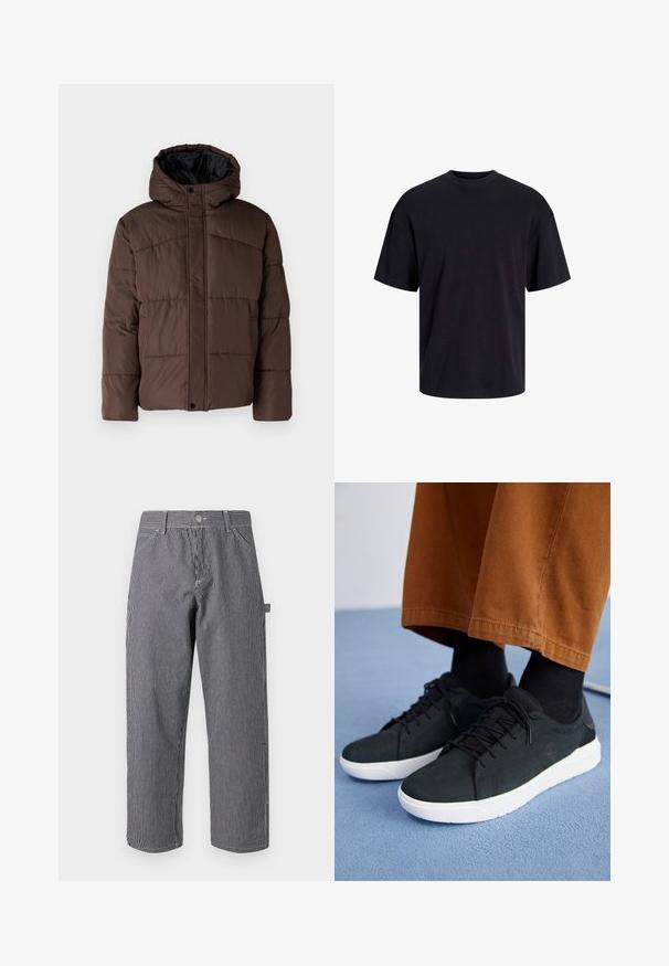 Bruine gewatteerde jas met capuchon, met een doorstikte structuur, voorzijde met drukknoopsluiting en zijzakken. Voering van zwarte stof.; Zwarte katoenen t-shirt met een ronde halslijn, korte mouwen en een relaxte pasvorm. Glad textuur en geen zichtbare patronen of accenten.; Gestreepte broek van een katoenmix, met verticale zwart-witte strepen, een knoopsluiting en zijzakken.; Zwarte suède sneakers met witte rubberen zolen, voorzien van een vetersluiting ontwerp, textuuraccenten en subtiele branding, gedragen met bruine broeken.