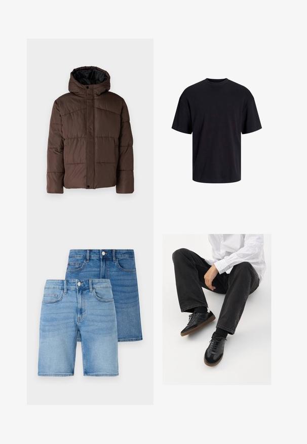 Bruine gewatteerde jas met capuchon, met een doorstikte structuur, voorzijde met drukknoopsluiting en zijzakken. Voering van zwarte stof.; Zwarte katoenen t-shirt met een ronde halslijn, korte mouwen en een relaxte pasvorm. Glad textuur en geen zichtbare patronen of accenten.; Denim shorts en rok set, met lichte en middelblauwe wassingen, klassieke vijf-pocket ontwerp en metalen knopenaccenten.; Zwarte sneakers met een glad en textuur detail, voorzien van een rubberen zool en donkere veters. Gecombineerd met zwarte jeans en een wit gestreept shirt.