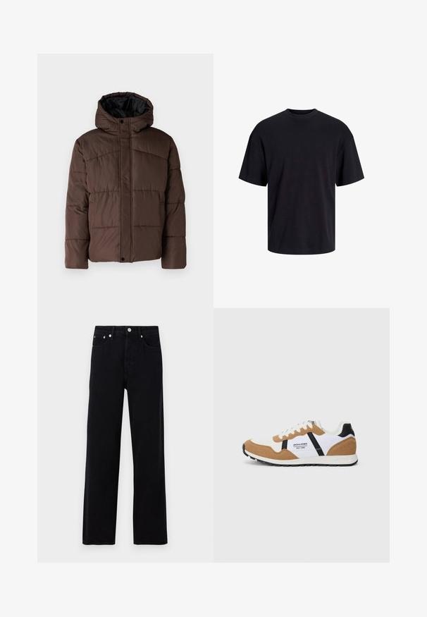 Brūna pūkaina jaka ar kapuci, ar quilted struktūru, priekšējo spiedpogu aizdari un sānu kabatām. Oderēta ar melnu audumu.; Melns kokvilnas T-krekls ar apaļu kakla izgriezumu, īsām piedurknēm un brīvu piegriezumu. Gluda tekstūra un nav redzamu rakstu vai akcentu.; Only & Sons ONSFADE LOOSE BOX - Brīvi džinsi - washed black; Retro stila sneakeri ar baltu, brūnu zamšu, melniem akcentiem, baltām siksnām un "Jack & Jones EST. 1990" logo sānos.