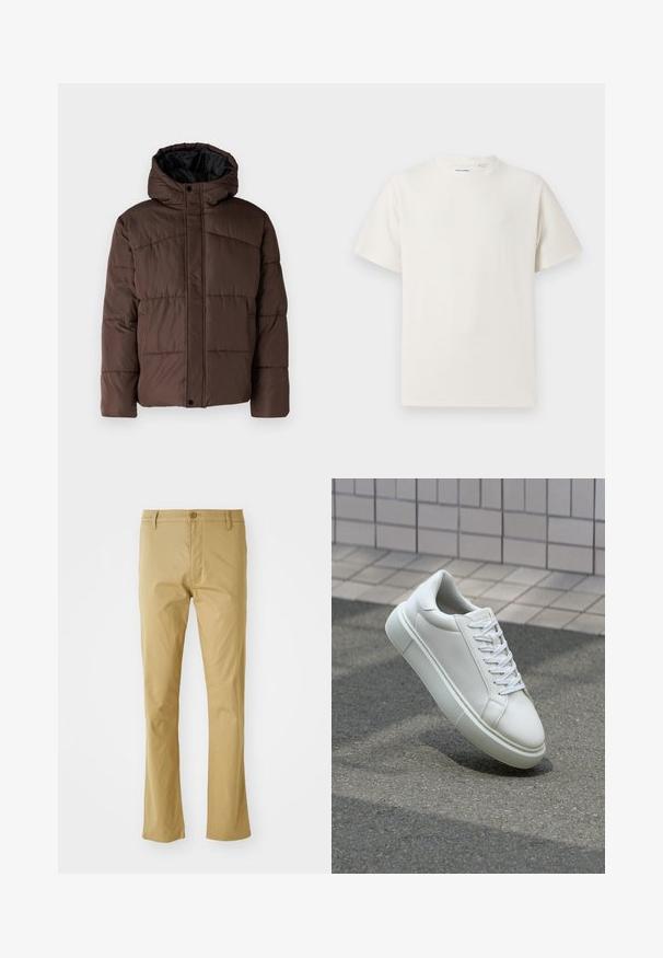 Smešasti smeđi kaput s kapuljačom, sa prošivenom teksturom, prednjim kopčanjem na dugmad i bočnim džepovima. Podstavljen crnom tkaninom.; Bijela kratka majica s kratkim rukavima u rebrastoj teksturi. Okrugli izrez, ležeran kroj, bez vidljivih uzoraka ili akcenta. Jednostavan i svestran dizajn.; Svijetlosmeđi hlače od pamuka s ravnim krojem, s prednjim zatvaranjem na dugme i suptilnom teksturom. Bez uzoraka ili akcenta.; Bijela kožna tenisica s glatkom površinom, okruglim vrhom i ravnim bijelim vezicama. Ima teksturiran gumeni potplat i minimalne dizajnerske elemente.