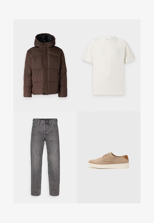 Brązowa pikowana kurtka z kapturem, z zapięciem na napy z przodu i bocznymi kieszeniami. Podszewka z czarnej tkaniny.; Biała krótka koszulka z krótkim rękawem o żebrowanej fakturze. Okrągły dekolt, luźny krój, brak widocznych wzorów lub akcentów. Prosty i uniwersalny design.; Szare dżinsy o prostym kroju, pięć kieszeni i lekko zużyta faktura. Wyposażone w markowy pasek w talii oraz standardowe okucia.; Beżowe zamszowe sneakersy z okrągłym noskiem, sznurowanym przodem i teksturowanym akcentem na tyle. Biała gumowa podeszwa tworzy kontrast. Prosty i nowoczesny design.