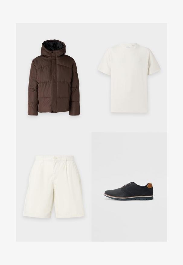 Pruun pehme vooder, millel on kapuuts, koos tikandsurvel tekstuuriga, eesnepp sulgemine ja küljetaskud. Vooder musta kangaga.; Valge lühikeste varrukatega T-särk ribakudumises. Ümar kaelus, mugav lõige, nähtavad mustrid ega aksessuaarid puuduvad. Lihtne ja mitmekesine disain.; Valged puuvillased lühikesed püksid otse lõikega, millel on nööpkinnitus ja küljetaskud. Sile tekstuur ja ilma nähtavate mustriteta.; Mustavad sünteetilised jalatsid tekstureeritud pealsega, siledad aktsendid, pruun kand ja kontrastne tall. Omab minimaalset lukkude ja õmbluste dekoratsiooni.