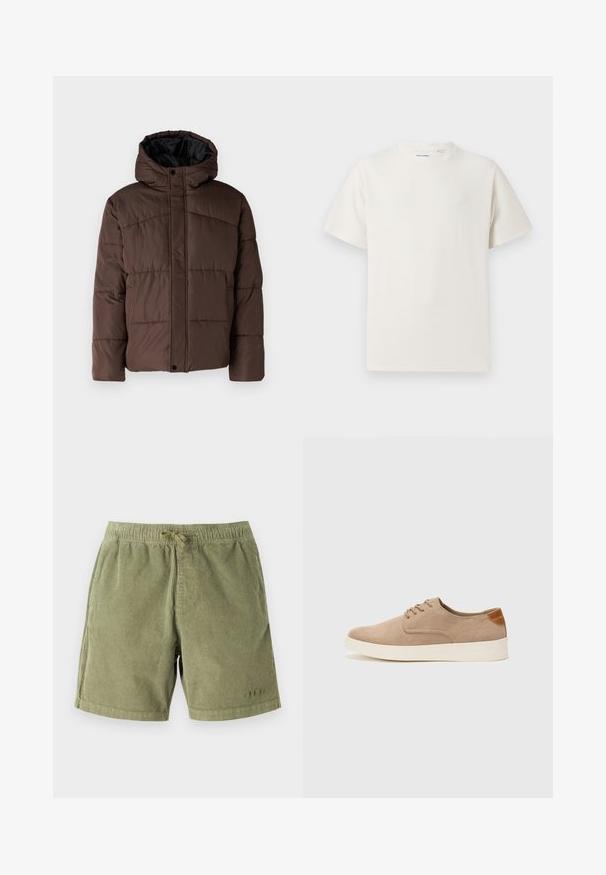 Brown padded jacket with a hood, featuring quilted texture, front snap closure, and side pockets. Lined with black fabric.; White short-sleeve T-shirt in a ribbed texture. Round neckline, relaxed fit, no visible patterns or accents. Simple and versatile design.; Light green corduroy shorts with an elastic waistband and drawstring. Features side pockets and subtle stitching details.; Beige suede sneakers with a rounded toe, lace-up front, and a textured back accent. White rubber sole provides contrast. Simple and modern design.