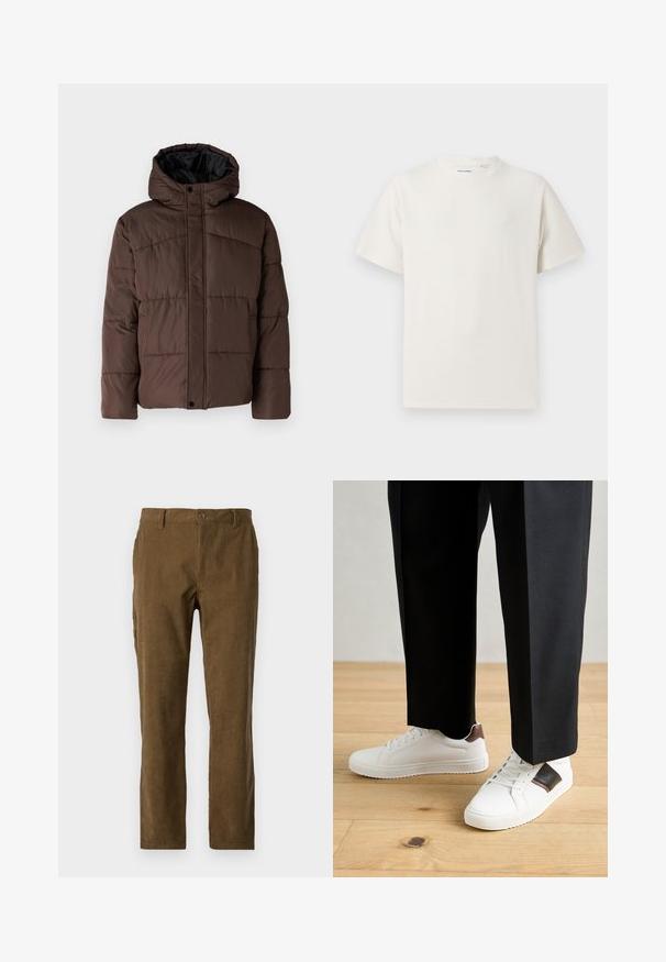 Veste matelassée marron avec capuche, présentant une texture matelassée, une fermeture à pression à l'avant et des poches latérales. Doublée de tissu noir.; T-shirt blanc à manches courtes en texture côtelée. Encolure ronde, coupe décontractée, sans motifs ni accents visibles. Design simple et polyvalent.; Pantalons en velours côtelé marron avec une coupe droite, présentant des côtes verticales, une fermeture à boutons sur le devant et des poches latérales pour plus de praticité.; Des sneakers blanches au texture lisse, avec des accents en cuir marron et des détails noirs, assorties à un pantalon noir ajusté. Fond en parquet.