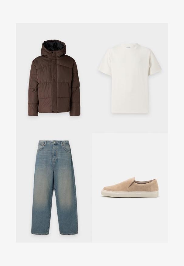 Brun polstret jakke med hette, med flettestruktur, frontlås med trykknapper og sidelommer. Fôret med svart stoff.; Hvit T-skjorte med kort erm i ribbestrikket tekstur. Rund hals, avslappet passform, ingen synlige mønstre eller detaljer. Enkelt og allsidig design.; Lys blå denim vide ben jeans med høy midje, fire lommer og kontrasterende sømmer. Glatt tekstur med en falmet finish.; Beige slip-on sko laget av semsket skinn, med rund tå, elastisk side og en hvit gummisåle med teksturerte detaljer.
