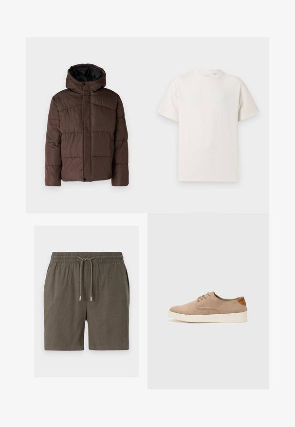 Pruun pehme vooder, millel on kapuuts, koos tikandsurvel tekstuuriga, eesnepp sulgemine ja küljetaskud. Vooder musta kangaga.; Valge lühikeste varrukatega T-särk ribakudumises. Ümar kaelus, mugav lõige, nähtavad mustrid ega aksessuaarid puuduvad. Lihtne ja mitmekesine disain.; Tumed rohelised lühikesed püksid elastse vöökohaga, nööriga sulgemine ja siledat, kerget materjali. Pole nähtavaid taskuid ega mustreid.; Beežid nahast tossud ümarate varvastega, paeltega esiosa ja tekstuuriga tagakontuuriga. Valge kummist tallapakkumine loob kontrasti. Lihtne ja kaasaegne disain.