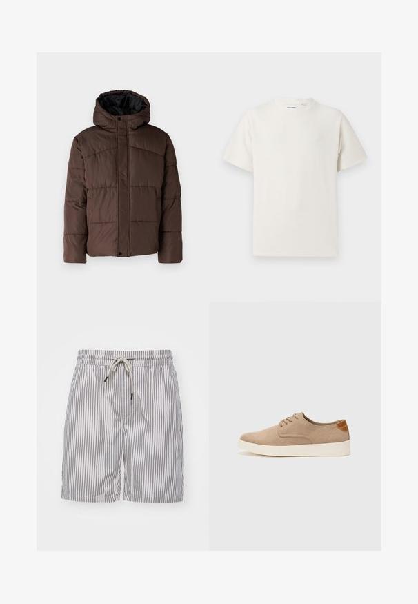 Giacca imbottita marrone con cappuccio, caratterizzata da una texture trapuntata, chiusura frontale con bottoni a pressione e tasche laterali. Foderata in tessuto nero.; T-shirt bianca a maniche corte in texture a coste. Girocollo, vestibilità rilassata, senza modelli o accenti visibili. Design semplice e versatile.; Costumi da bagno a righe in tessuto leggero; presentano righe verticali blu, una cintura elastica con lacci e tasche laterali.; Sneaker in suede beige con punta arrotondata, stringhe davanti e un accento testurizzato sul retro. La suola in gomma bianca offre un contrasto. Design semplice e moderno.