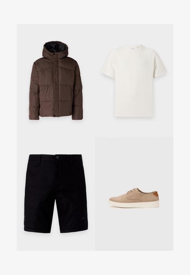 Pruun pehme vooder, millel on kapuuts, koos tikandsurvel tekstuuriga, eesnepp sulgemine ja küljetaskud. Vooder musta kangaga.; Valge lühikeste varrukatega T-särk ribakudumises. Ümar kaelus, mugav lõige, nähtavad mustrid ega aksessuaarid puuduvad. Lihtne ja mitmekesine disain.; Mustad mustad, millel on sile tekstuur, nupuväärtlause, traditsioonilised taskud ja keeratud servad. Valmistatud kergest kangast.; Beežid nahast tossud ümarate varvastega, paeltega esiosa ja tekstuuriga tagakontuuriga. Valge kummist tallapakkumine loob kontrasti. Lihtne ja kaasaegne disain.