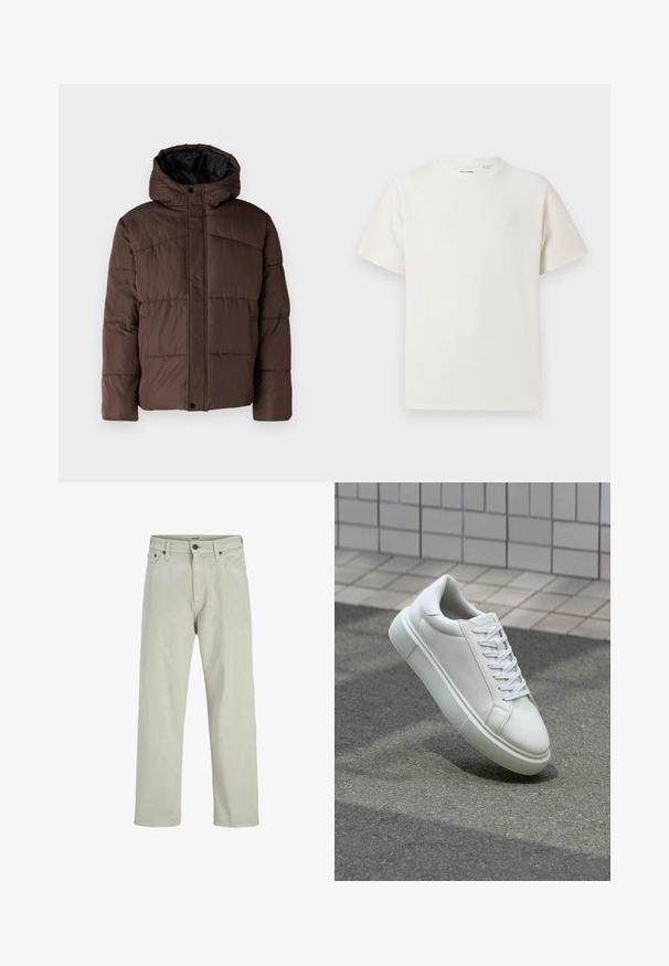 Brown padded jacket with a hood, featuring quilted texture, front snap closure, and side pockets. Lined with black fabric.; White short-sleeve T-shirt in a ribbed texture. Round neckline, relaxed fit, no visible patterns or accents. Simple and versatile design.; Light beige denim jeans with a straight leg design, five-pocket style, and a button closure at the waist, featuring minimal stitching details.; White leather sneaker with a smooth surface, round toe, and flat white laces. Features a textured rubber sole and minimal design elements.