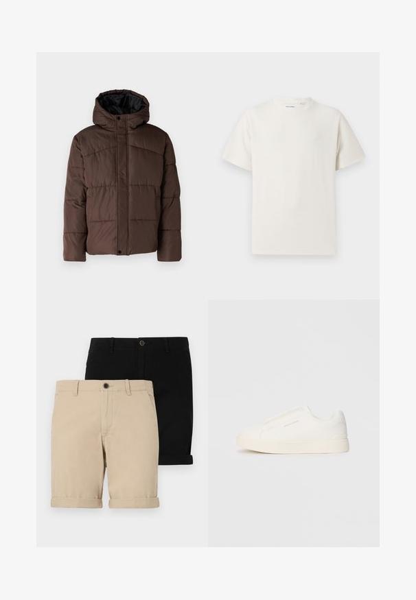 Brun vadderad jacka med huva, med kviltad struktur, framknappslås och sidofickor. Fodrad med svart tyg.; Vit t-shirt med kort ärm i ribbad struktur. Rund halsringning, löst sittande passform, inga synliga mönster eller detaljer. Enkelt och mångsidigt design.; Två par uppkavlade shorts: ett beigt och ett svart, tillverkade av slät tyg, med en framknapp och klassisk design.; Vita slip-on sneakers med en texturerad yta, en tjock sula och minimalistisk design. Har varumärkeslogotypen på sidan.