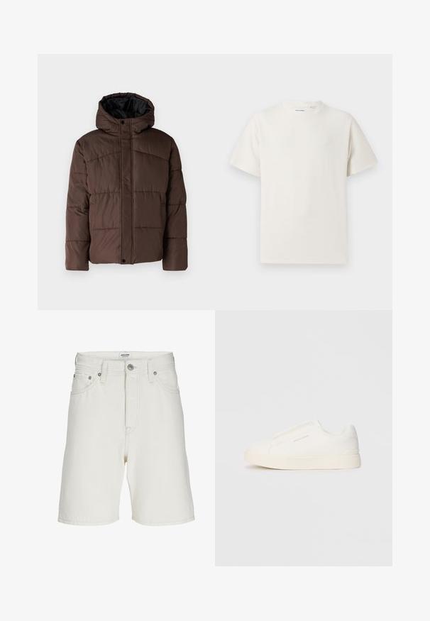 Veste matelassée marron avec capuche, présentant une texture matelassée, une fermeture à pression à l'avant et des poches latérales. Doublée de tissu noir.; T-shirt blanc à manches courtes en texture côtelée. Encolure ronde, coupe décontractée, sans motifs ni accents visibles. Design simple et polyvalent.; Shorts en denim blanc à coupe droite, avec fermeture éclair, cinq poches et quincaillerie en métal pour la fermeture et les accents.; Baskets blanches sans lacets avec une surface texturée, une semelle épaisse et un design minimaliste. Présente le logo de la marque sur le côté.