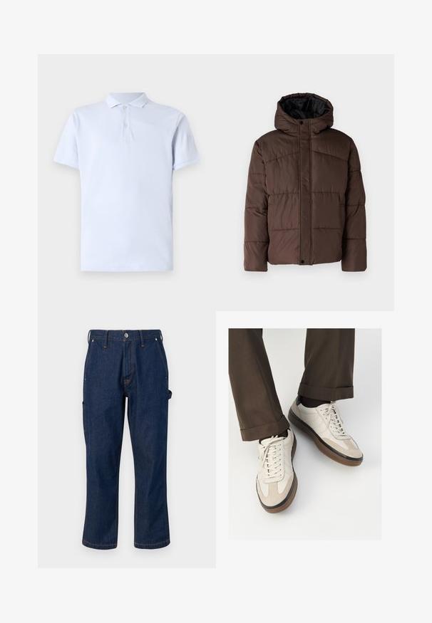 Brun polstret jakke med hette, med flettestruktur, frontlås med trykknapper og sidelommer. Fôret med svart stoff.; Lyseblå poloskjorte laget av bomull, med klassisk krage, korte ermer, to-knapps plagg og ensfarget tekstur.; Mørkeblå denimbukser med rette ben, som har kontrasterende oransje sømmer og sidelommer, som lukkes med en metallknapp.; Beige sneakers med teksturert semsket front, glatte skinnsider og en brun gummisåle. Snører og lys syddetalj inkludert.