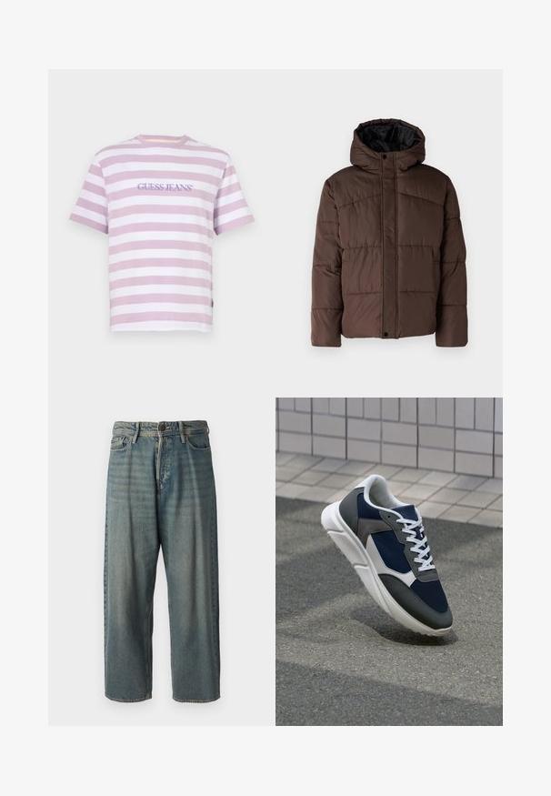 Rjava podložena jakna s kapuco, z nagubanimi teksturami, sprednjim zapiranjem na zaponko in stranskimi žepi. Oblazinjena z črno tkanino.; Ljubičasta in bela črtasta majica s kratkimi rokavi, izdelana iz bombaža, z logotipom v ljubičasti vezenini, ki je osredotočen na prsih.; Svetlomoderne kavbojke z ohlapnim krojem, srednjim pasom in ravnimi nogami. Imajo pet žepov, zanke za pas in zapiranje na gumb.; Superge z zgornjim delom iz mrežaste tkanine v mornarsko modri barvi, sivi usnjeni poudarki, belo gumijasto podplato in ravnimi belimi vezalkami, zasnovane za udobje in zračnost.